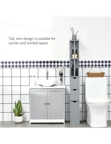 HOMCOM Tall Bathroom Cabinet, Freestanding Bathroom Storage Cabinet with 2-Tier Shelf and Drawers, Narrow Cupboard Storage Unit,