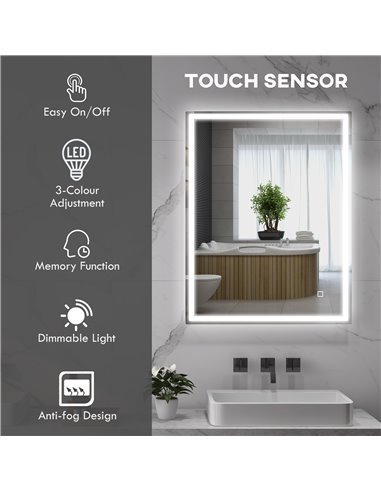 HOMCOM 90 x 70cm LED Bathroom Mirror with Lights, Dimmable Makeup Mirror, Vanity Mirror with 3 Colour, Smart Touch, Anti-Fog 834