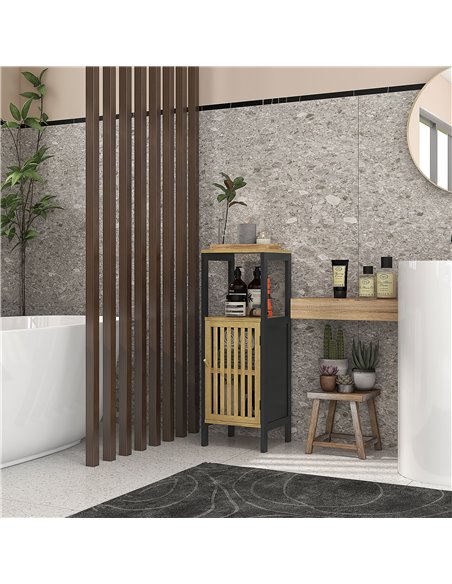 HOMCOM Slim Bathroom Storage Cabinet, Small Bamboo Bathroom Cabinet with Open Compartment and Adjustable Shelf, Black 834-669V00 - pic 58076 | FastDaddyshop