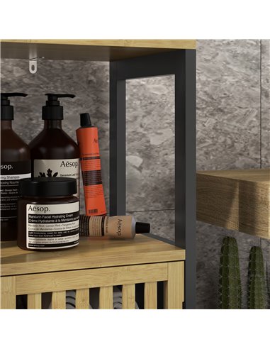HOMCOM Slim Bathroom Storage Cabinet, Small Bamboo Bathroom Cabinet with Open Compartment and Adjustable Shelf, Black 834-669V00