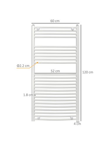 HOMCOM Straight Heated Towel Rail, Hydronic Bathroom Ladder Radiator Towel Warmer For Central Heating 600mm x 1200mm, White 850-
