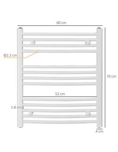 HOMCOM Straight Heated Towel Rail, Hydronic Bathroom Ladder Radiator Towel Warmer For Central Heating 600mm x 700mm, White 850-2