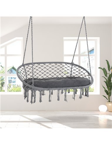 Outsunny Hanging Hammock Chair Cotton Rope Porch Swing with Metal Frame and Cushion, Large Macrame Seat for Garden, Bedroom, Liv