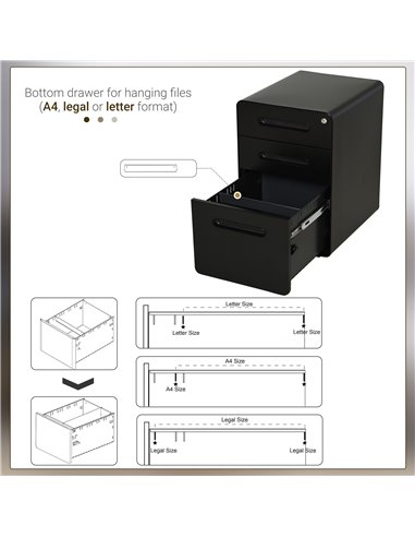 Vinsetto Fully Assembled 3-Drawer Mobile File Cabinet Lockable All-Metal Rolling Vertical File Cabinet Black 924-007BK