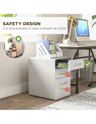 Vinsetto Fully Assembled 3-Drawer Mobile File Cabinet Lockable All-Metal Rolling Vertical File Cabinet White 924-007WT