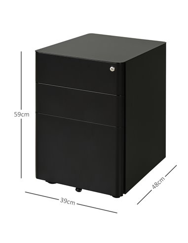 Vinsetto File Cabinet, 3-Drawer Lockable, for Letter/Legal/A4, Steel Office Storage with Wheels, Black 924-006BK