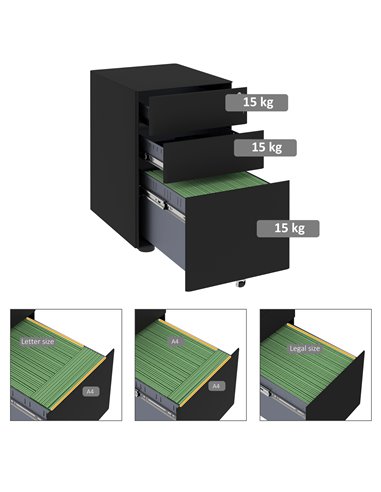 Vinsetto File Cabinet, 3-Drawer Lockable, for Letter/Legal/A4, Steel Office Storage with Wheels, Black 924-006BK