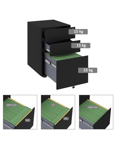 Vinsetto File Cabinet, 3-Drawer Lockable, for Letter/Legal/A4, Steel Office Storage with Wheels, Black 924-006BK - pic 58276 | FastDaddyshop