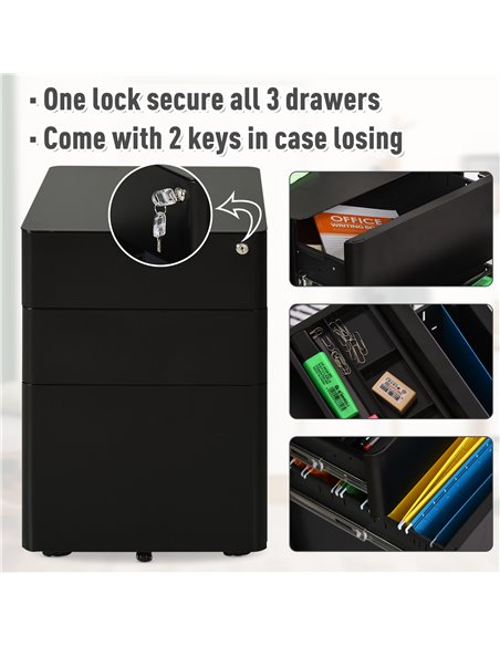 Vinsetto File Cabinet, 3-Drawer Lockable, for Letter/Legal/A4, Steel Office Storage with Wheels, Black 924-006BK - pic 58277 | FastDaddyshop