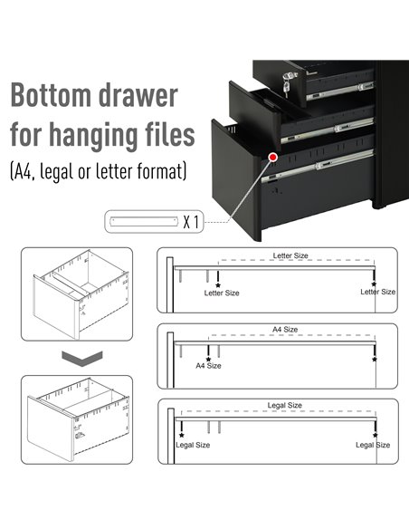 Vinsetto File Cabinet, 3-Drawer Lockable, for Letter/Legal/A4, Steel Office Storage with Wheels, Black 924-006BK - pic 58278 | FastDaddyshop