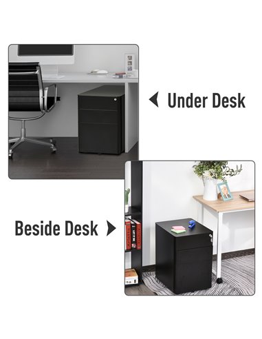 Vinsetto File Cabinet, 3-Drawer Lockable, for Letter/Legal/A4, Steel Office Storage with Wheels, Black 924-006BK