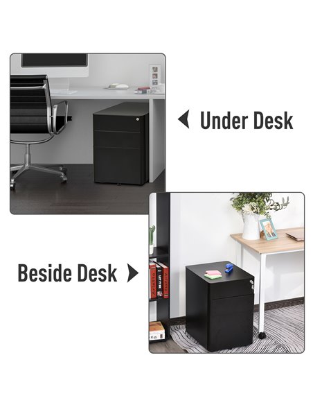 Vinsetto File Cabinet, 3-Drawer Lockable, for Letter/Legal/A4, Steel Office Storage with Wheels, Black 924-006BK - pic 58279 | FastDaddyshop