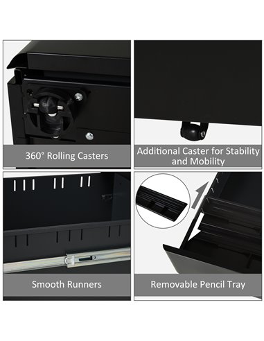 Vinsetto File Cabinet, 3-Drawer Lockable, for Letter/Legal/A4, Steel Office Storage with Wheels, Black 924-006BK