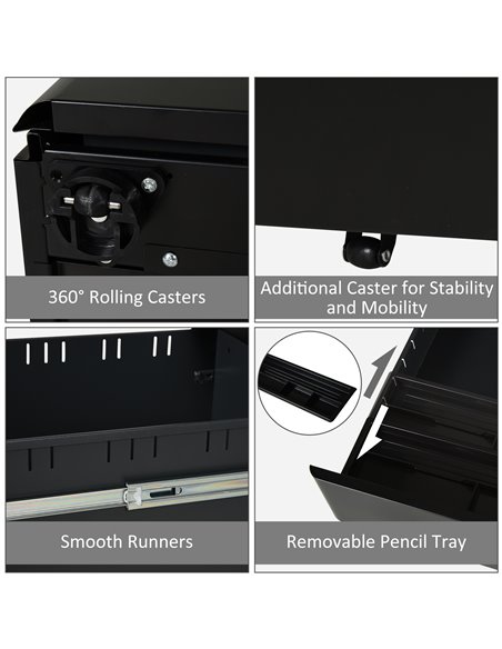 Vinsetto File Cabinet, 3-Drawer Lockable, for Letter/Legal/A4, Steel Office Storage with Wheels, Black 924-006BK - pic 58280 | FastDaddyshop