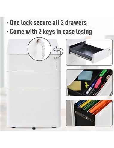 Vinsetto Fully Assembled 3 Drawer Steel Metal Filing Cabinet Lockable Rolling Vertical File Cabinet White 924-006WT