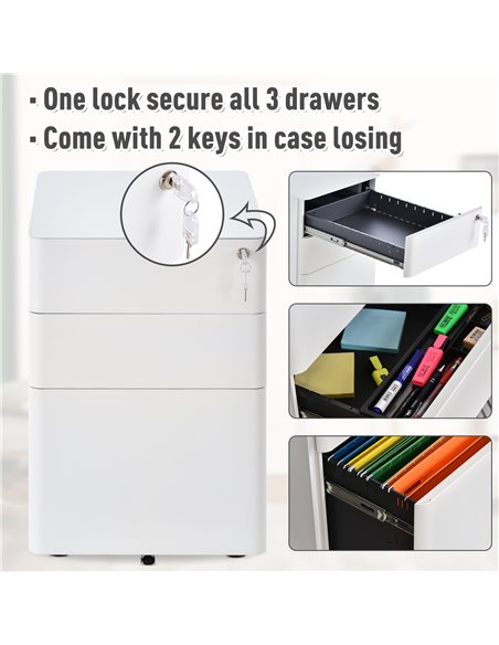 Vinsetto Fully Assembled 3 Drawer Steel Metal Filing Cabinet Lockable Rolling Vertical File Cabinet White 924-006WT - pic 58285 | FastDaddyshop