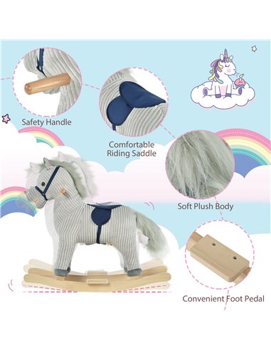 HOMCOM Kids Ride On Ribbed Plush Rocking Horse w/ Sound Grey