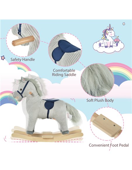 HOMCOM Kids Ride On Ribbed Plush Rocking Horse w/ Sound Grey - pic 5831 | FastDaddyshop