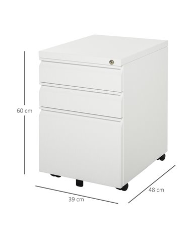 Vinsetto 3-Drawer Mobile Vertical File Cabinet, Lockable Mobile Vertical File Cabinet, Under Desk Rolling Storage Cabinet, White