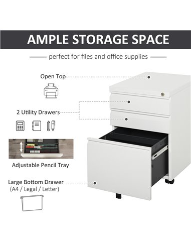 Vinsetto 3-Drawer Mobile Vertical File Cabinet, Lockable Mobile Vertical File Cabinet, Under Desk Rolling Storage Cabinet, White