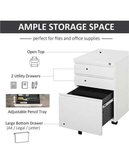 Vinsetto 3-Drawer Mobile Vertical File Cabinet, Lockable Mobile Vertical File Cabinet, Under Desk Rolling Storage Cabinet, White - pic 58321 | FastDaddyshop