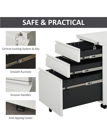 Vinsetto 3-Drawer Mobile Vertical File Cabinet, Lockable Mobile Vertical File Cabinet, Under Desk Rolling Storage Cabinet, White - pic 58322 | FastDaddyshop