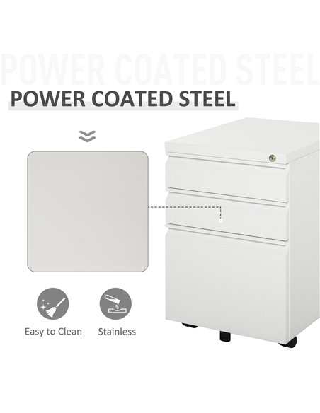 Vinsetto 3-Drawer Mobile Vertical File Cabinet, Lockable Mobile Vertical File Cabinet, Under Desk Rolling Storage Cabinet, White - pic 58323 | FastDaddyshop