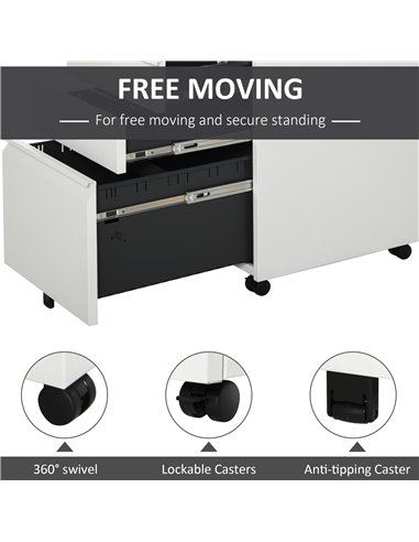 Vinsetto 3-Drawer Mobile Vertical File Cabinet, Lockable Mobile Vertical File Cabinet, Under Desk Rolling Storage Cabinet, White