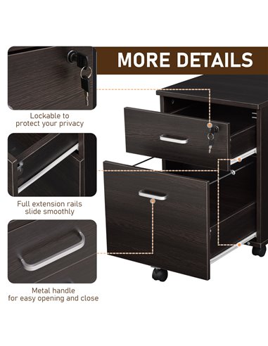 Vinsetto Mobile File Cabinet with 2 Drawers, Locking, Rolling Office Filing Cabinet on 5 Wheels, Black 924-023BK