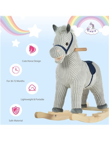 HOMCOM Kids Ride On Ribbed Plush Rocking Horse w/ Sound Grey
