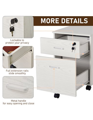 Vinsetto 2-Drawer Locking Office Filing Cabinet w/ 5 Wheels Rolling Storage Hanging Legal Letter Files Cupboard Home Organisatio