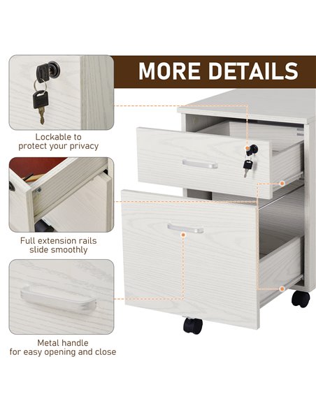 Vinsetto 2-Drawer Locking Office Filing Cabinet w/ 5 Wheels Rolling Storage Hanging Legal Letter Files Cupboard Home Organisatio - pic 58340 | FastDaddyshop
