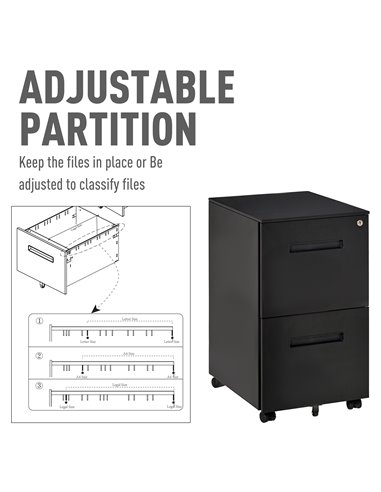 Vinsetto 2-Drawer Mobile File Cabinet for A4 File, Mobile File Cabinet Vertical Organizer Filing Furniture with Adjustable Parti