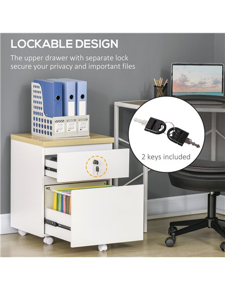 Vinsetto 2-Drawer Filing Cabinet with Lock, Mobile File Cabinet with Hanging Bars for A4 Size and Wheels, Home Office Study, Whi - pic 58413 | FastDaddyshop