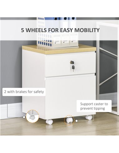 Vinsetto 2-Drawer Filing Cabinet with Lock, Mobile File Cabinet with Hanging Bars for A4 Size and Wheels, Home Office Study, Whi