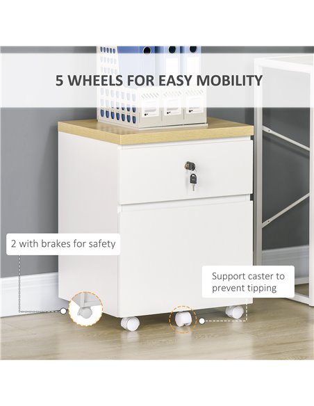 Vinsetto 2-Drawer Filing Cabinet with Lock, Mobile File Cabinet with Hanging Bars for A4 Size and Wheels, Home Office Study, Whi - pic 58414 | FastDaddyshop