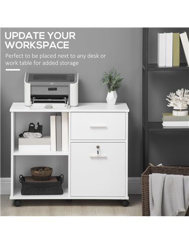 Vinsetto Mobile Filing Cabinet on Wheels, Printer Stand with Open Shelves and Drawers for A4 Documents, White 924-039V01WT