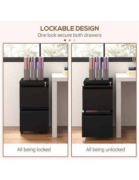 Vinsetto 2-Drawer Mobile Filing Cabinet on Wheels, Steel Lockable File Cabinet with Adjustable Hanging Bar for Letter, A4 and Le - pic 58440 | FastDaddyshop