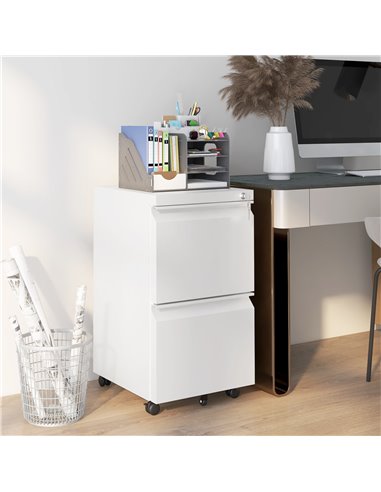 Vinsetto Mobile Steel Filing Cabinet, 2-Drawer Lockable Unit on Wheels with Adjustable Hanging Bar for Various File Sizes, White