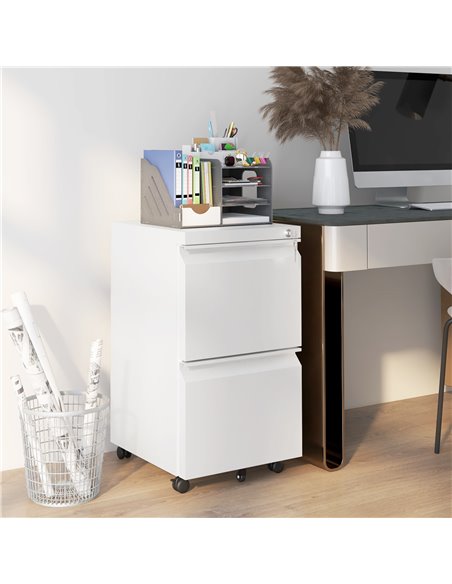 Vinsetto Mobile Steel Filing Cabinet, 2-Drawer Lockable Unit on Wheels with Adjustable Hanging Bar for Various File Sizes, White - pic 58445 | FastDaddyshop