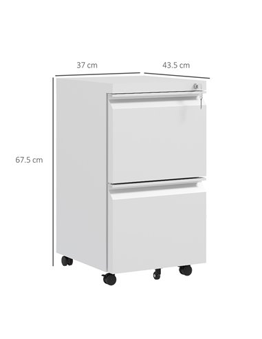 Vinsetto Mobile Steel Filing Cabinet, 2-Drawer Lockable Unit on Wheels with Adjustable Hanging Bar for Various File Sizes, White