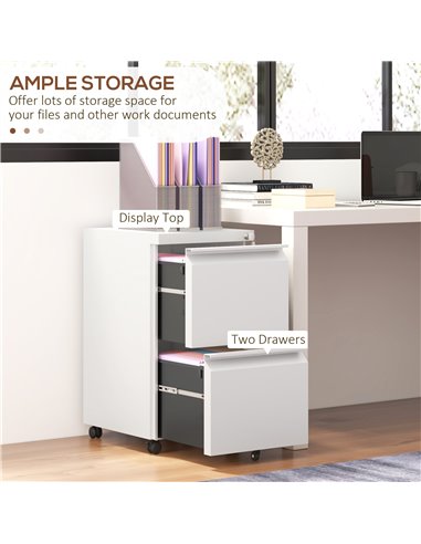 Vinsetto Mobile Steel Filing Cabinet, 2-Drawer Lockable Unit on Wheels with Adjustable Hanging Bar for Various File Sizes, White
