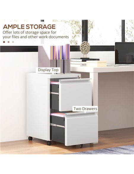 Vinsetto Mobile Steel Filing Cabinet, 2-Drawer Lockable Unit on Wheels with Adjustable Hanging Bar for Various File Sizes, White - pic 58447 | FastDaddyshop