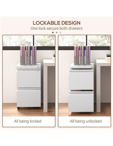 Vinsetto Mobile Steel Filing Cabinet, 2-Drawer Lockable Unit on Wheels with Adjustable Hanging Bar for Various File Sizes, White