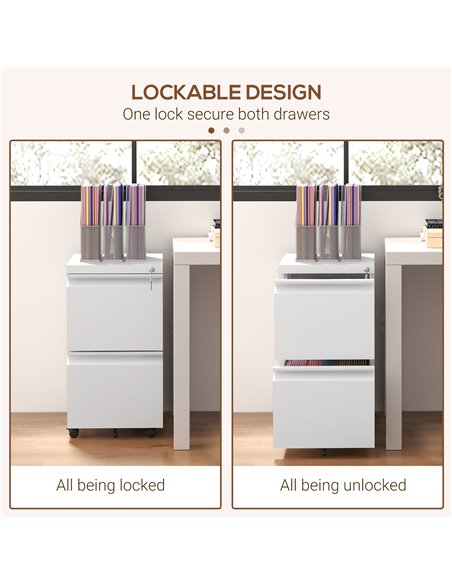 Vinsetto Mobile Steel Filing Cabinet, 2-Drawer Lockable Unit on Wheels with Adjustable Hanging Bar for Various File Sizes, White - pic 58449 | FastDaddyshop