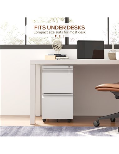 Vinsetto Mobile Steel Filing Cabinet, 2-Drawer Lockable Unit on Wheels with Adjustable Hanging Bar for Various File Sizes, White