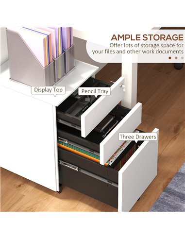 Vinsetto 3-Drawer Vertical Filing Cabinet w/ Lock & Pencil Tray, Steel Mobile File Cabinet w/ Adjustable Hanging Bar for A4 & Le