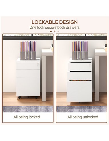 Vinsetto 3-Drawer Vertical Filing Cabinet w/ Lock & Pencil Tray, Steel Mobile File Cabinet w/ Adjustable Hanging Bar for A4 & Le
