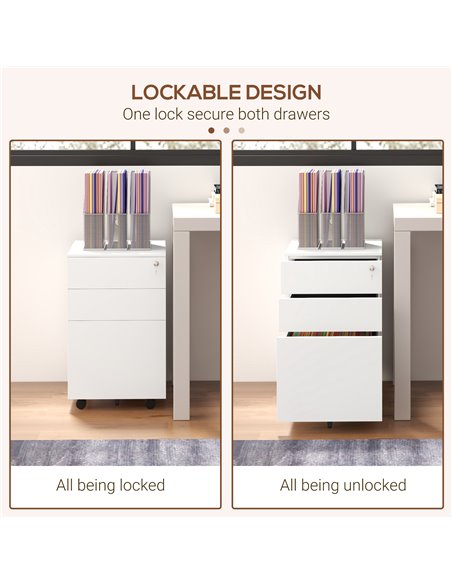 Vinsetto 3-Drawer Vertical Filing Cabinet w/ Lock & Pencil Tray, Steel Mobile File Cabinet w/ Adjustable Hanging Bar for A4 & Le - pic 58467 | FastDaddyshop