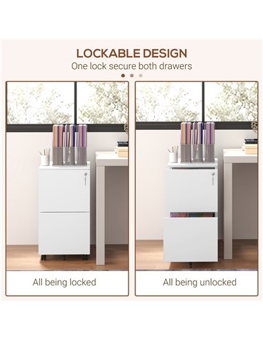 Vinsetto Steel 2-Drawer Vertical File Cabinet with Lock, Mobile Office Storage for A4/Legal/Letter Documents, White 924-070V00WT